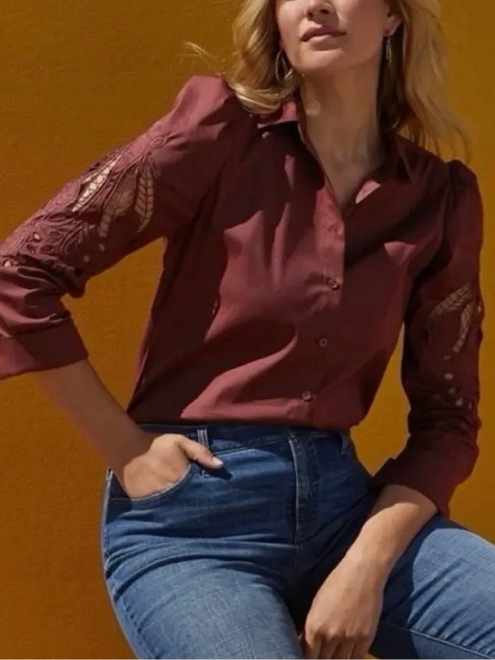 Chico’s Floral Lace Cutwork Sleeve Button Up Top - Picture 3 of 9